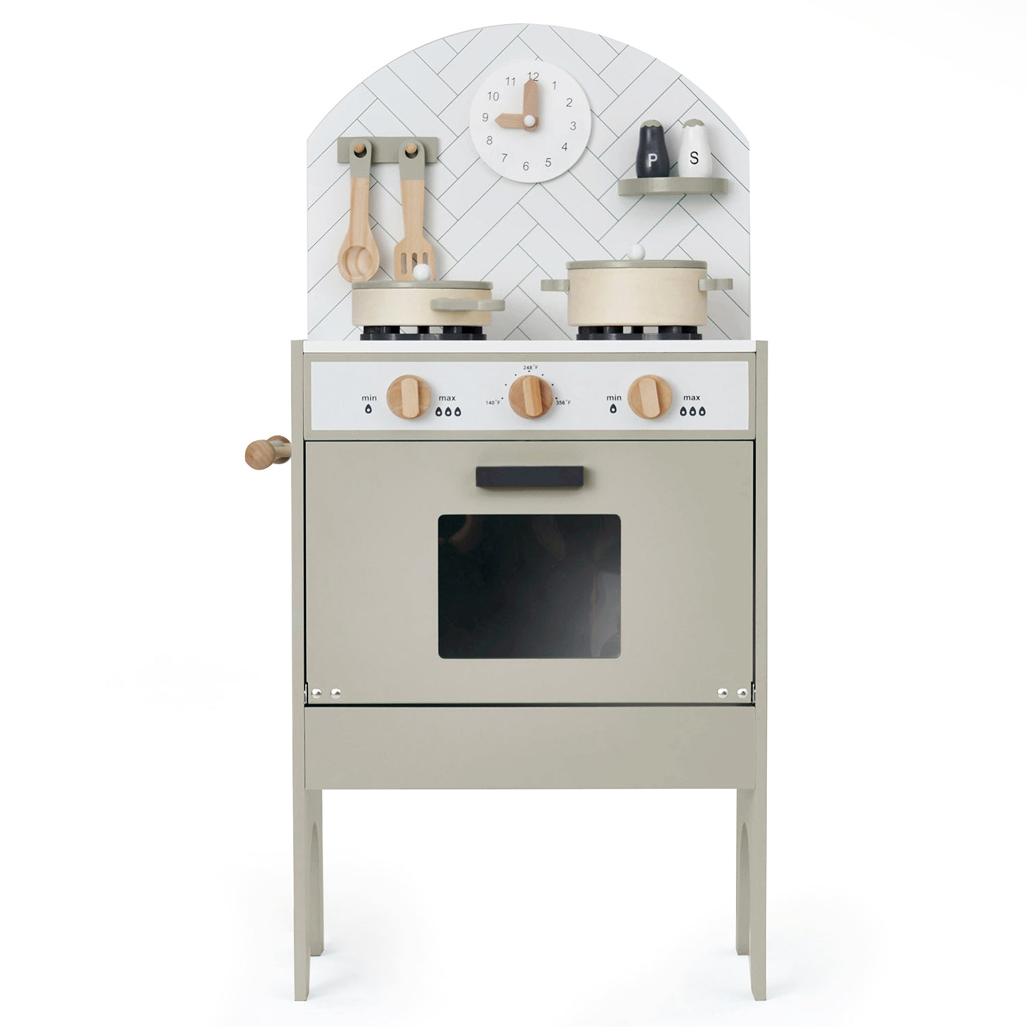 Children's classic play kitchen set with oven, pots, and shelves on a white background