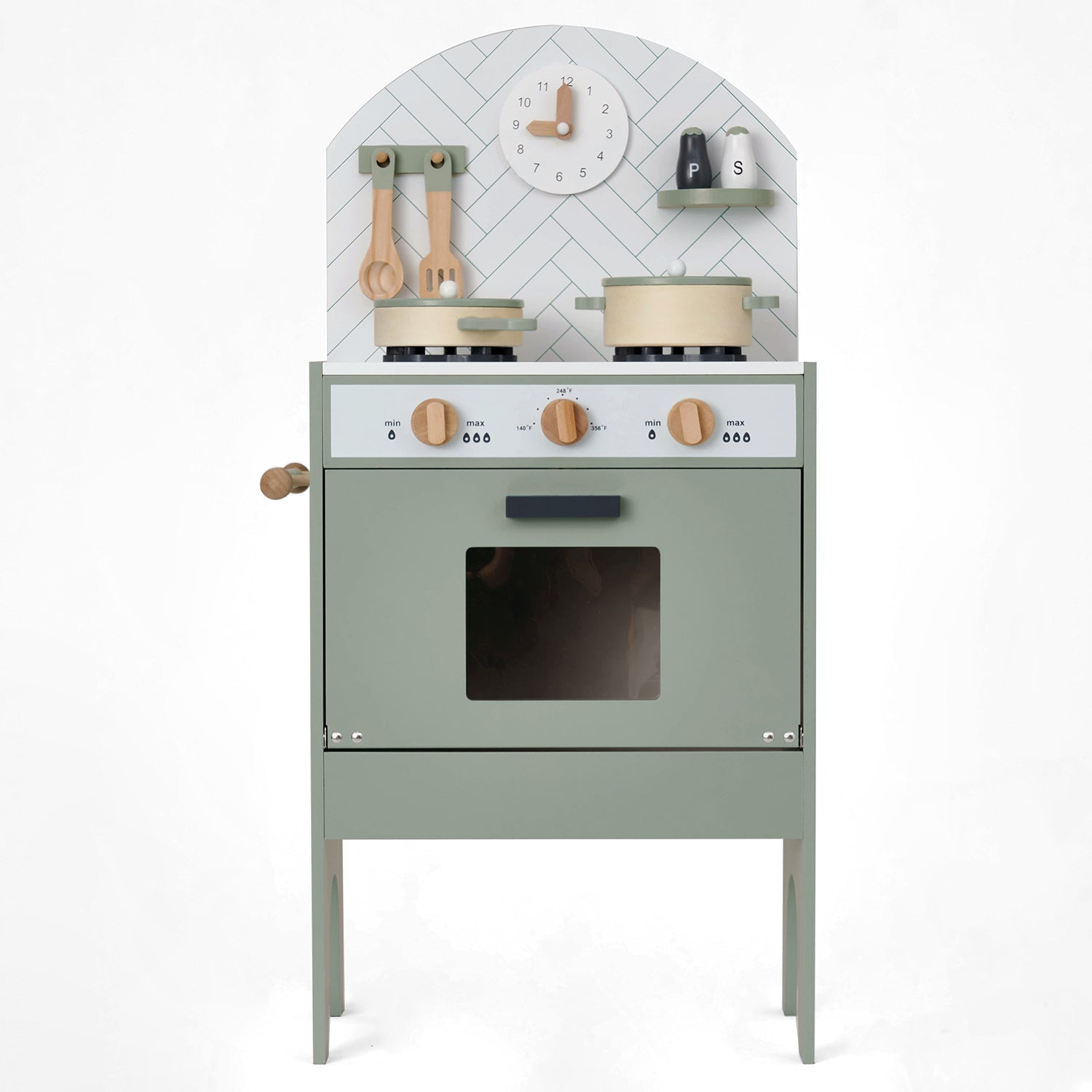 Classic play kitchen set with oven, stove, and clock on a white background