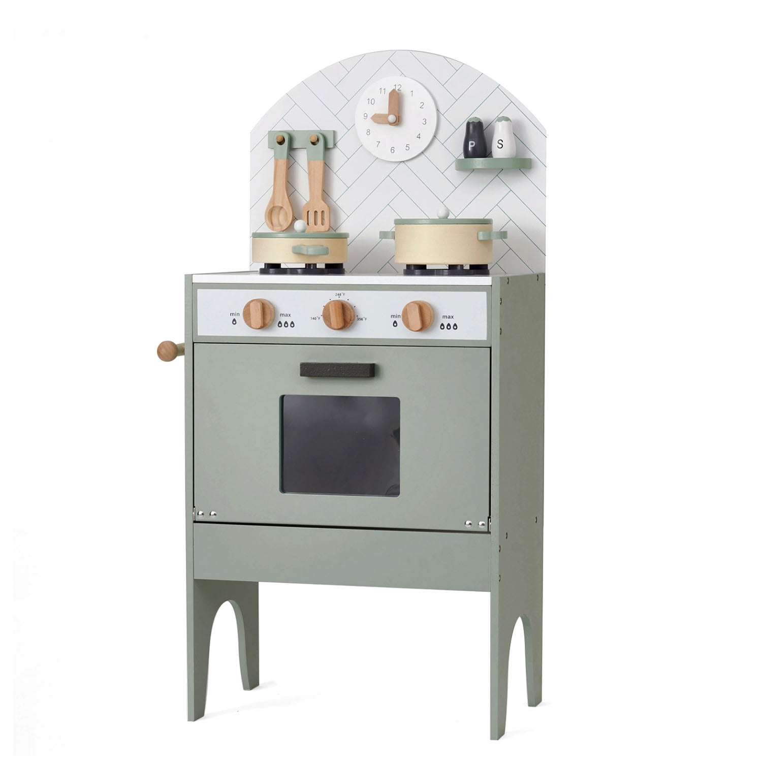Children's play kitchen set with oven, stove, and utensils on a white background
