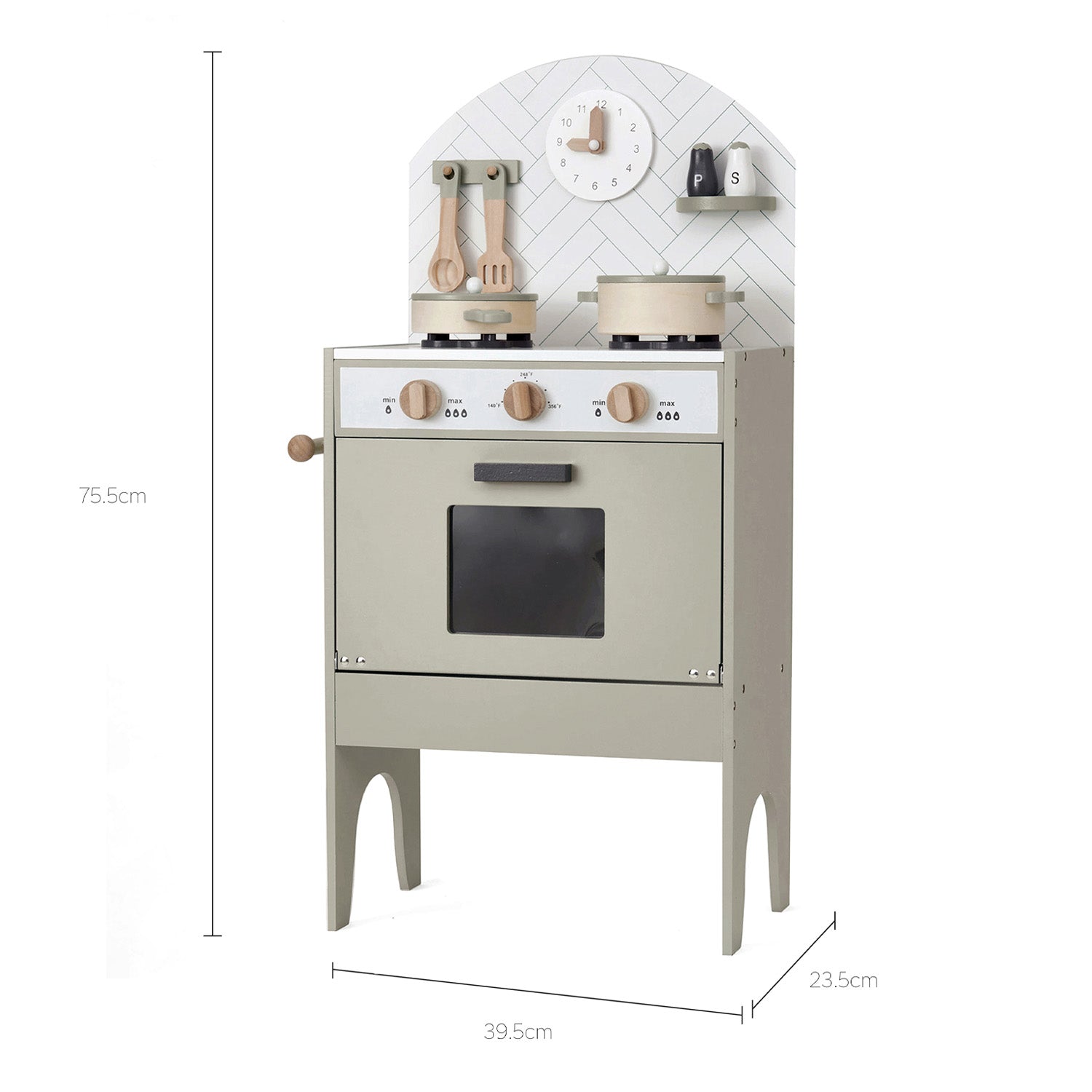 Children's play kitchen set with measurements on a white background
