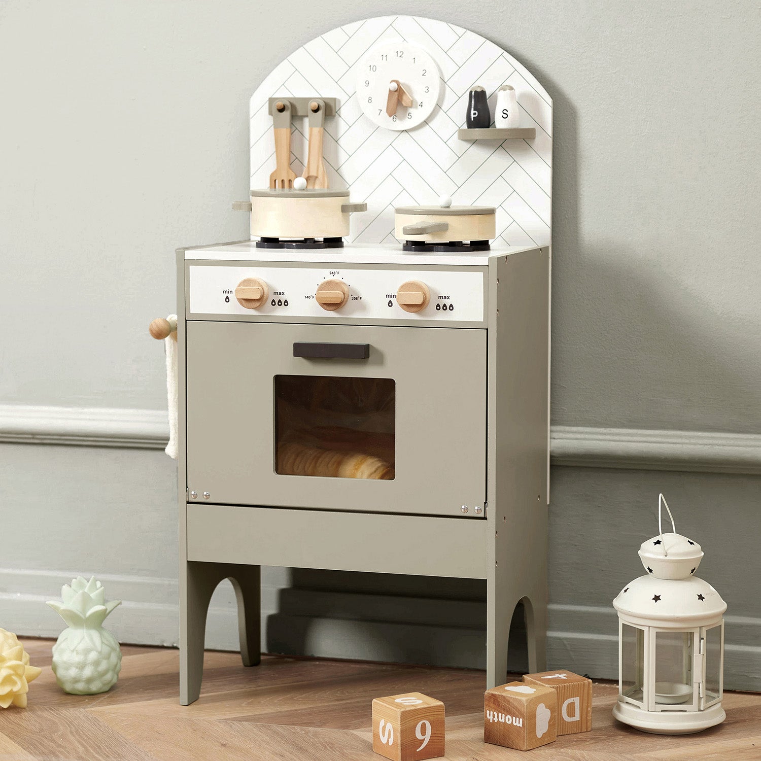 Grey Children's Play Food Classic Wooden Toy Kitchen With