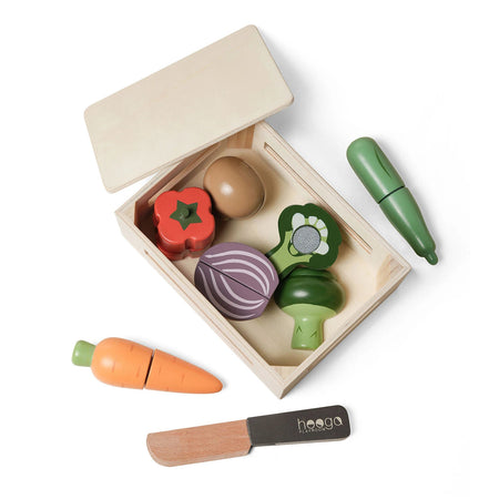 Wooden play food set with colorful cutting vegetables and a storage basket for kids play kitchen.