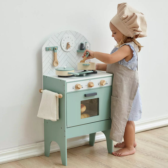 Kids Playing with Modern Wooden Toy Kitchen in Mint