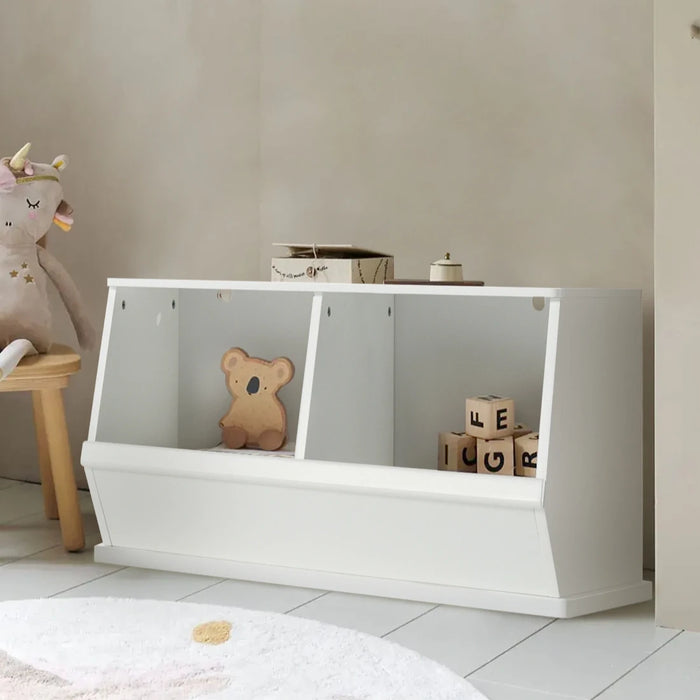 White wooden toy storage box with two open compartments, perfect for organizing children's toys and books.