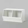 A white wooden toy storage box in grey background with two open compartments, ideal for organizing children's toys and books
