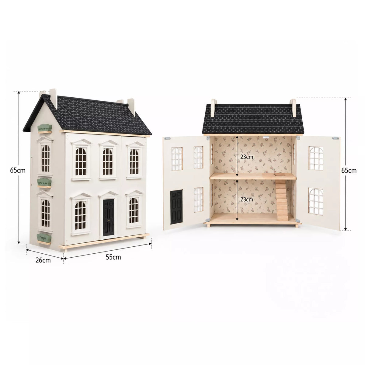 A dollhouse-style house shown from the front and open interior view with dimension labels and arrows indicating height, width, and room depth.