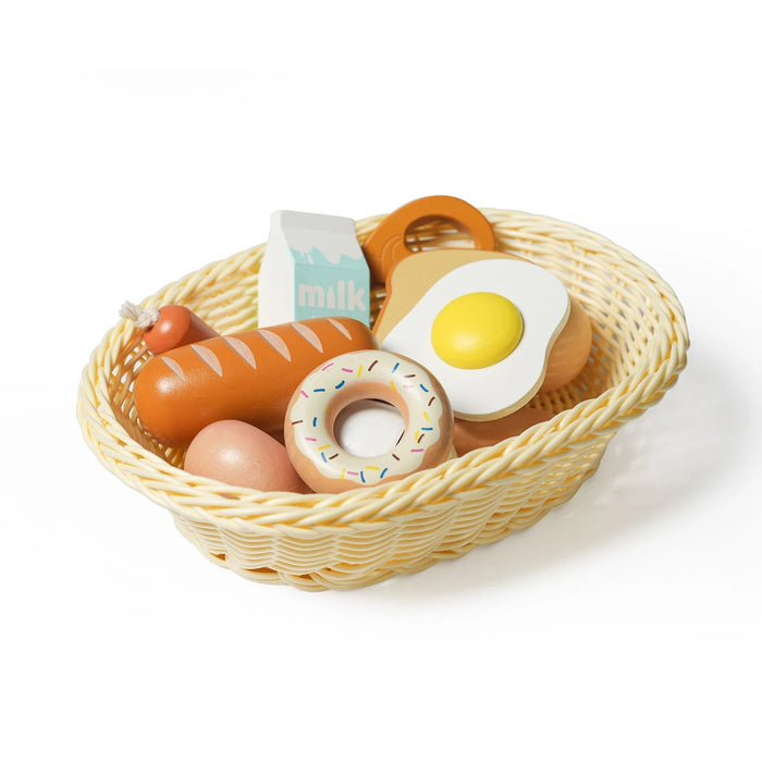 Child-safe wooden breakfast toys with a woven basket.