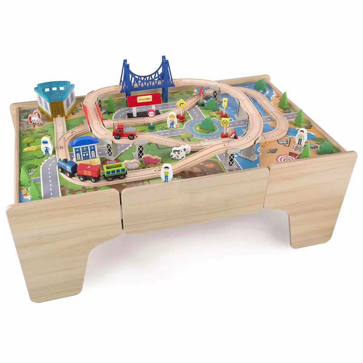 Wooden Train Track Set with Play Table for Kids 80 Pcs Hooga