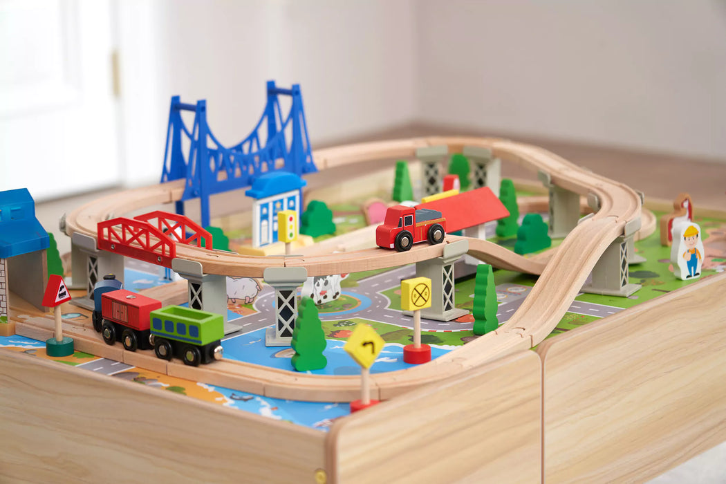Wooden Train Track Set & Table for Kids 