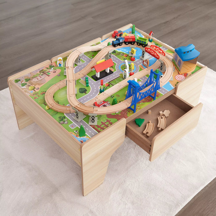 Wooden Train Track Set with Play Table 80 Pcs